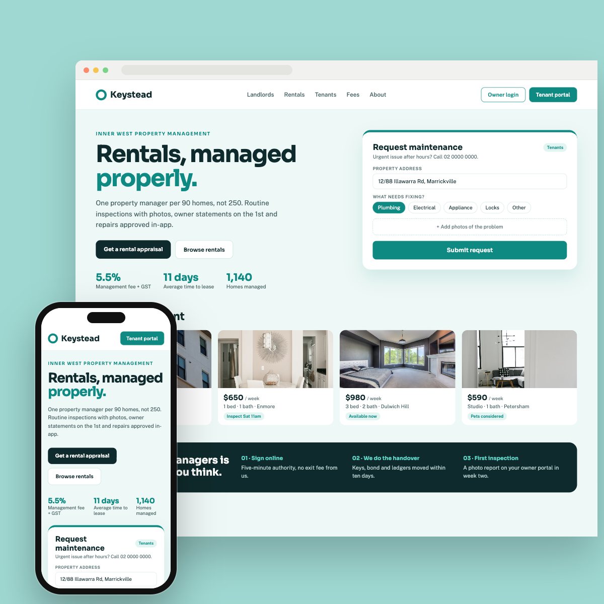 Concept homepage for a property management, on desktop and phone