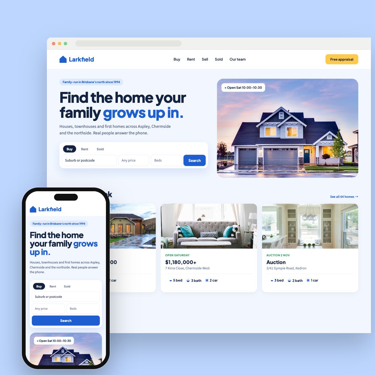 Concept homepage for a suburban family agency, on desktop and phone