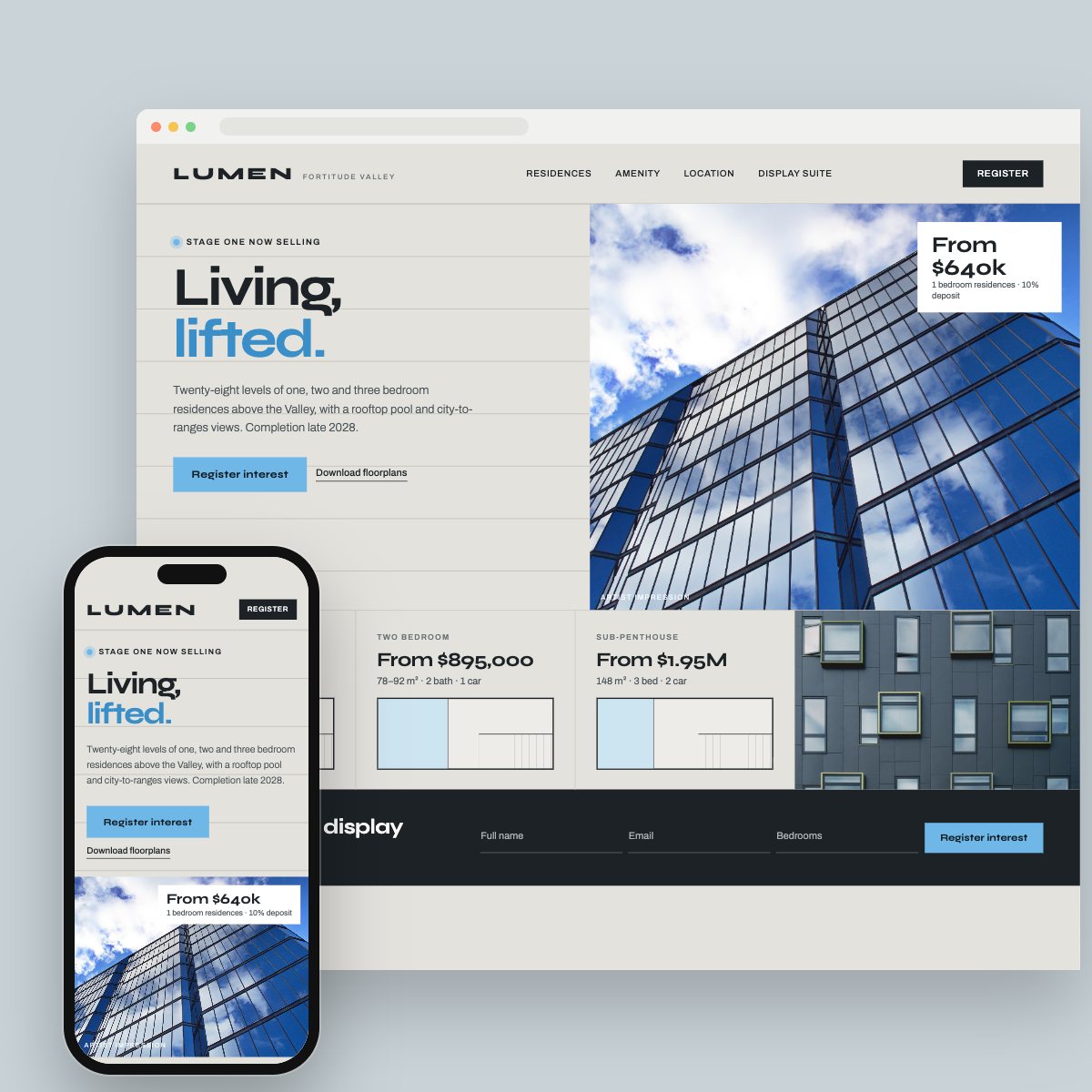 Concept homepage for a off-the-plan development, on desktop and phone