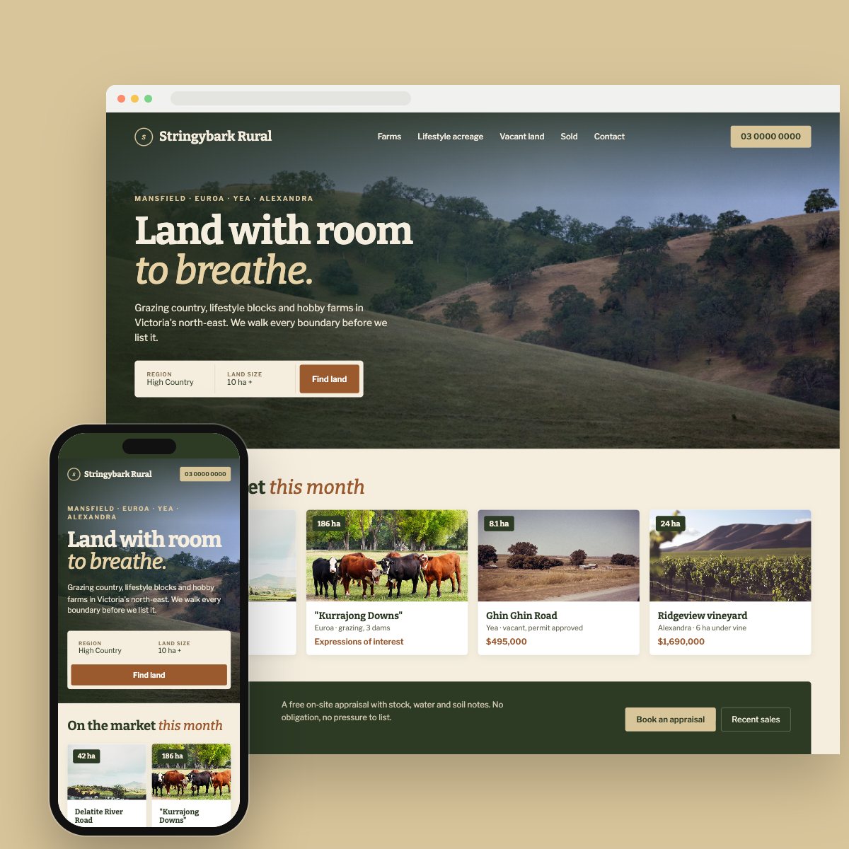 Concept homepage for a rural & acreage agent, on desktop and phone