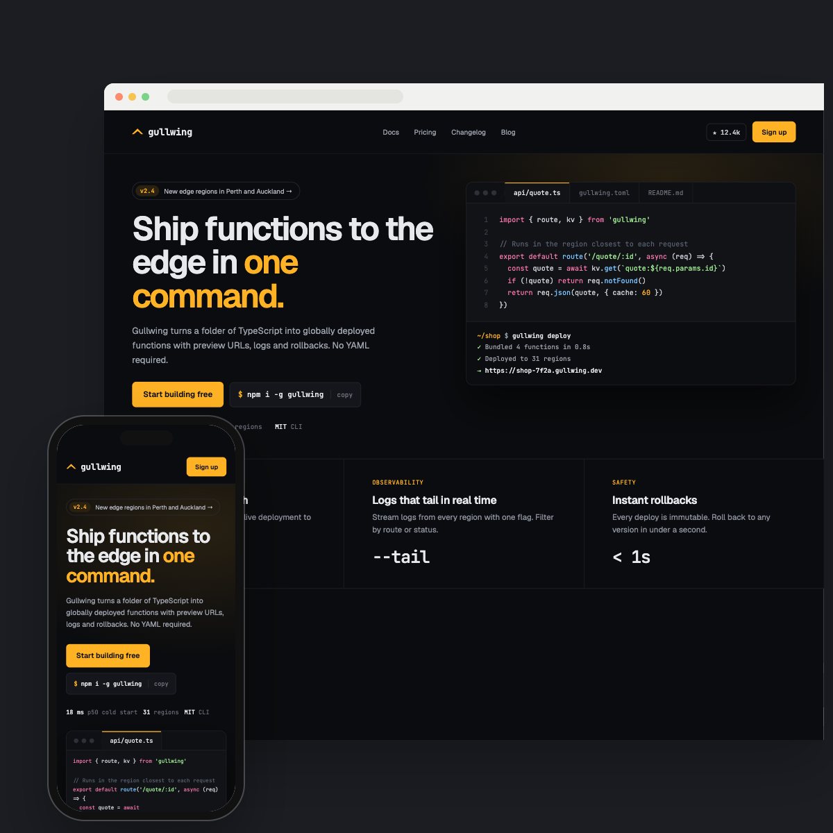 Concept homepage for a developer tool, on desktop and phone