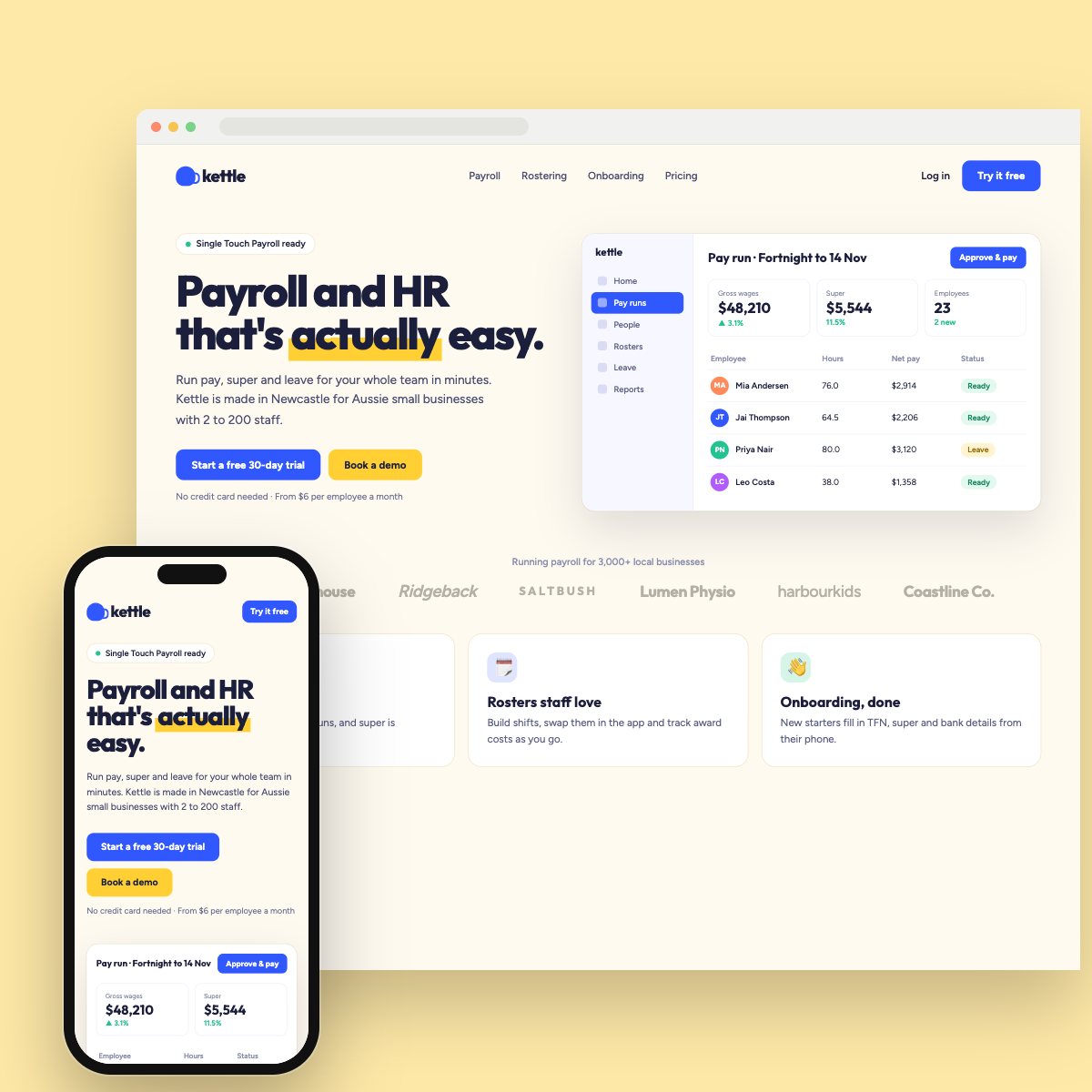 Concept homepage for a hr & payroll saas, on desktop and phone