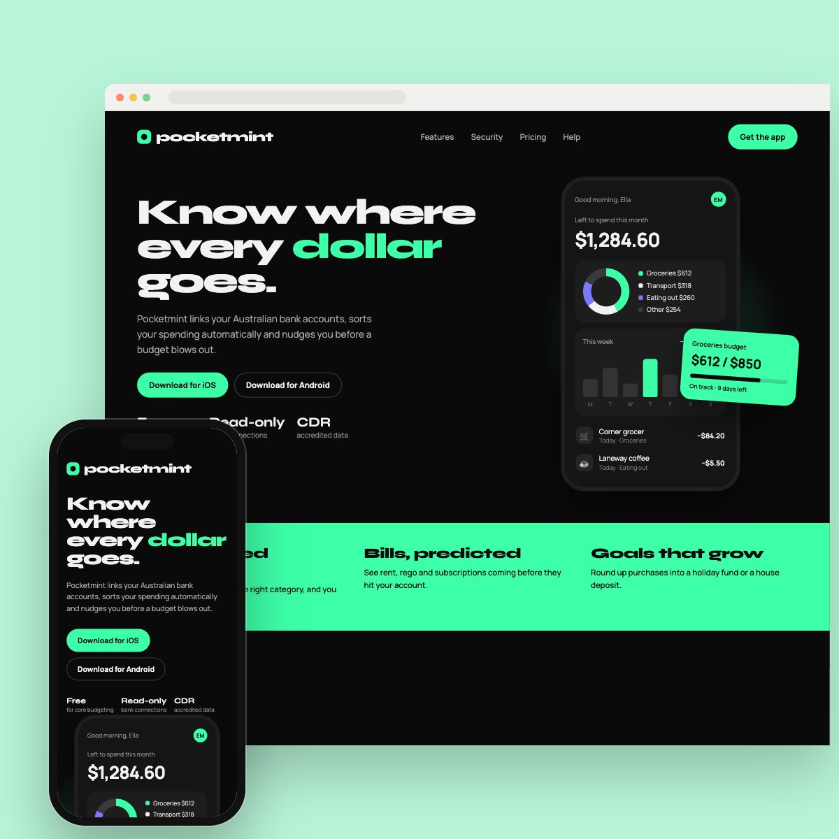 Concept homepage for a budgeting app, on desktop and phone