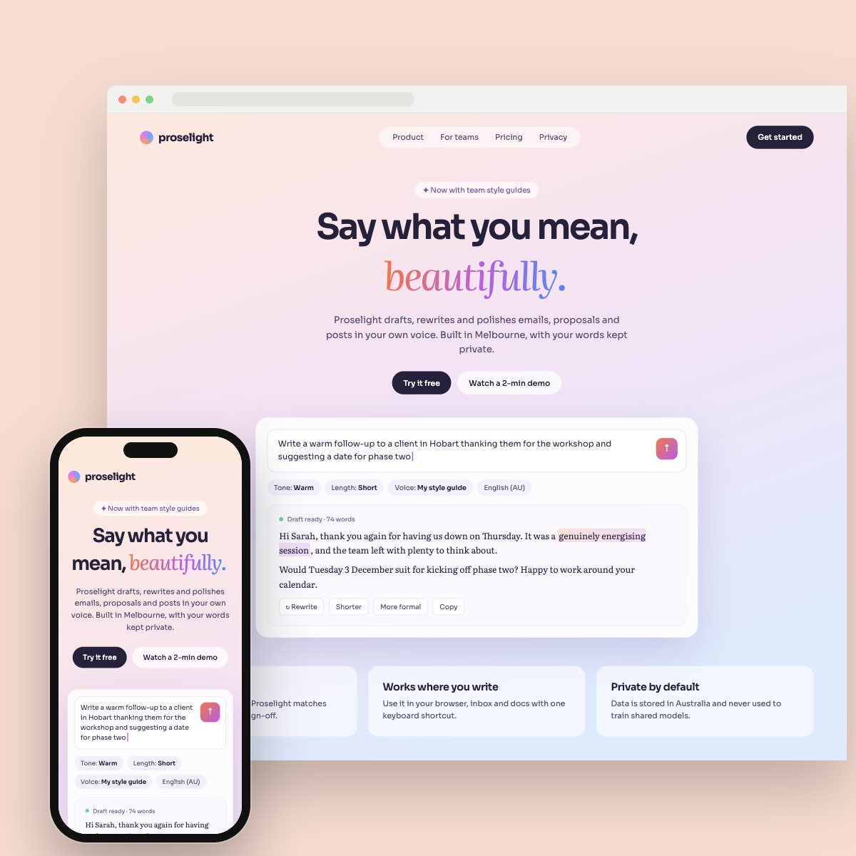Concept homepage for a ai writing assistant, on desktop and phone