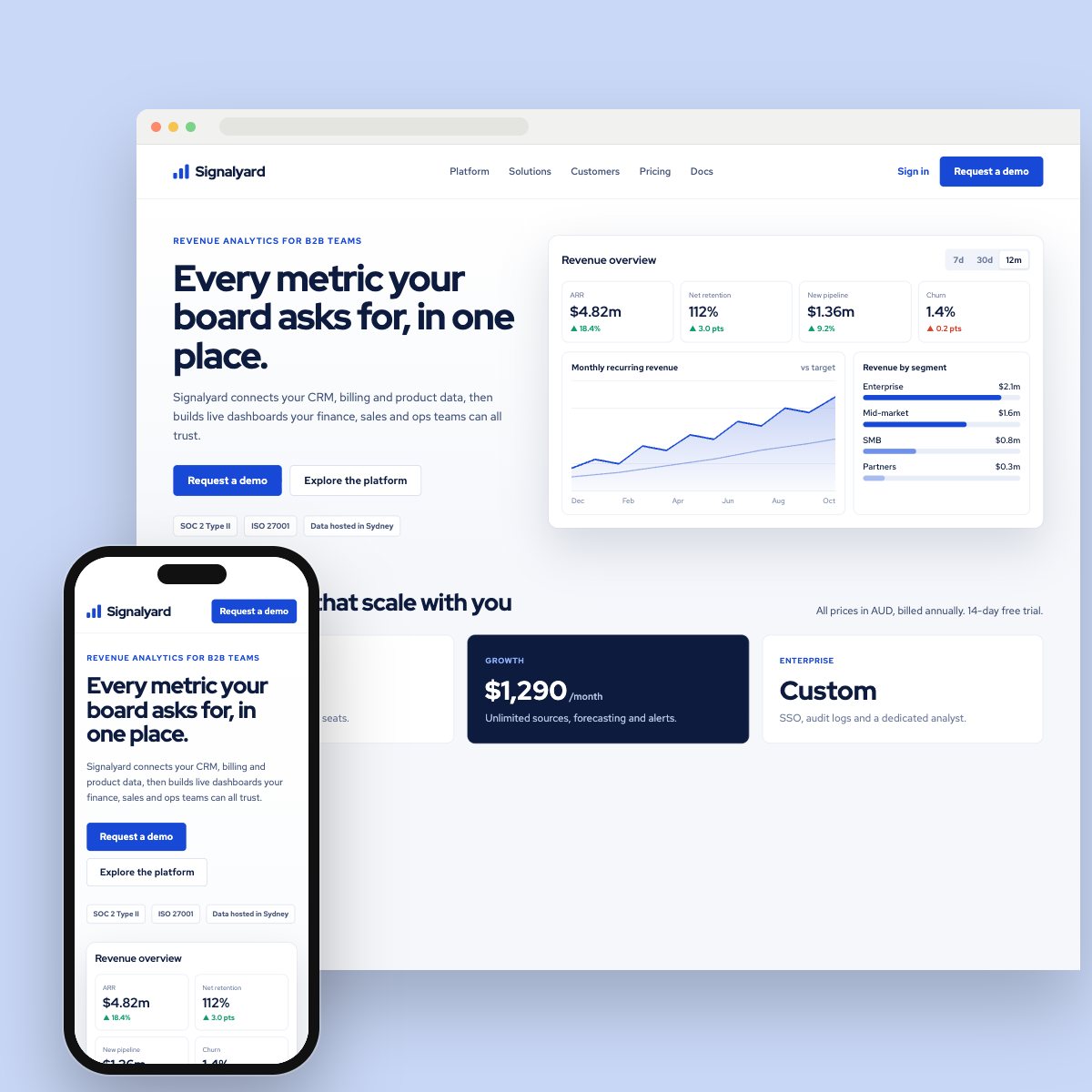 Concept homepage for a b2b analytics platform, on desktop and phone